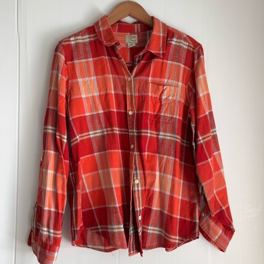 Lucky Brand Red Orange and White Plaid Shirt size XL plaid